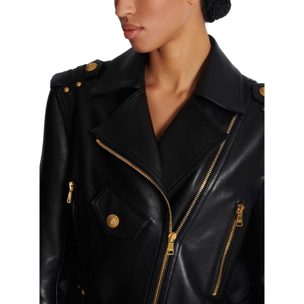 Balmain Leren bikerjack met rits Black Dames
