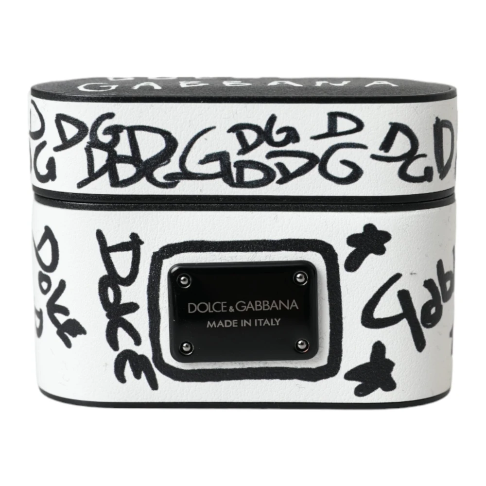 Dolce & Gabbana Zwart Wit Leren Scribble Airpods Hoesje Black Unisex