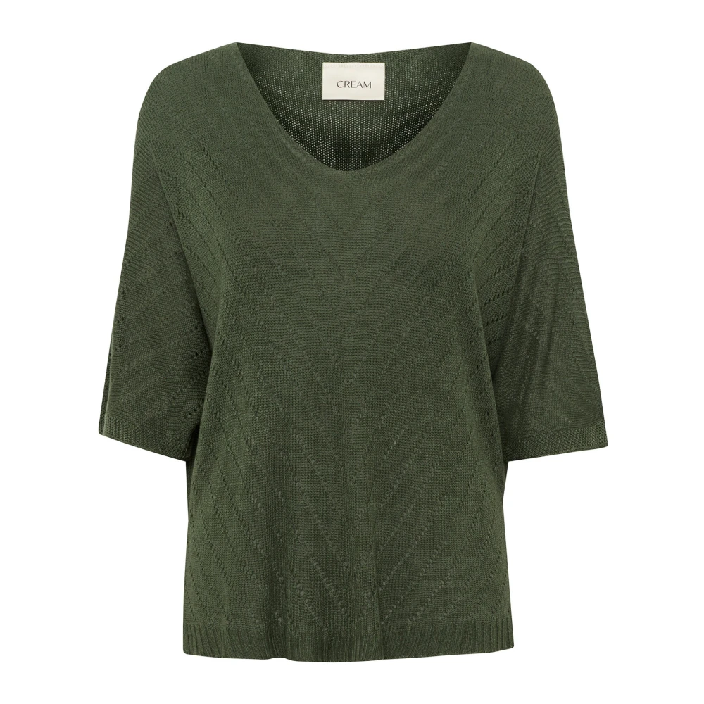 Cream Groene Gebreide Blouse met V-hals Green Dames