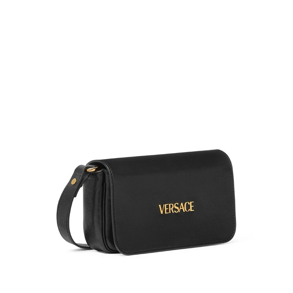 Versace Zwarte Leren Schoudertas met Goudkleurig Logo Black Dames