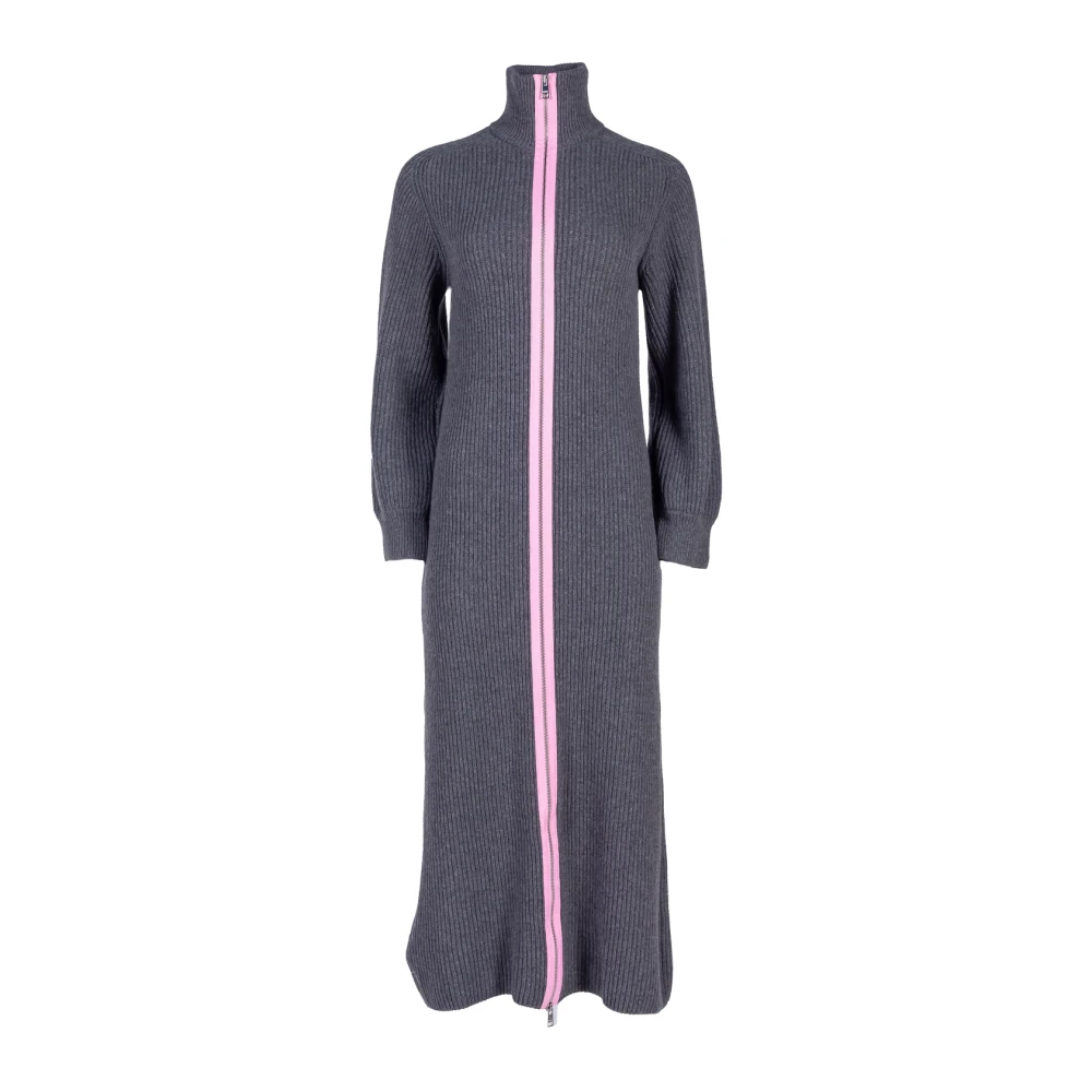 Msgm Grijze Ribgebreide Ritssluiting Maxi Jurk Gray Dames