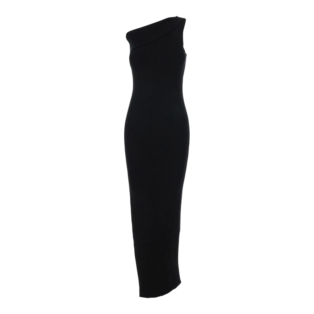 Rick Owens Zwarte Eén-Schouder Ribgebreide Jurk Black Dames