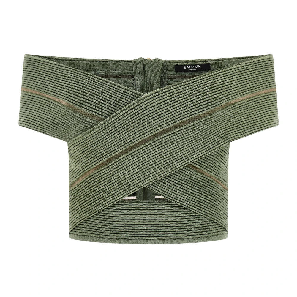Balmain Green Off-The-Shoulder Crop Top - Female - Blouses - Xs - Blouses & Shirts