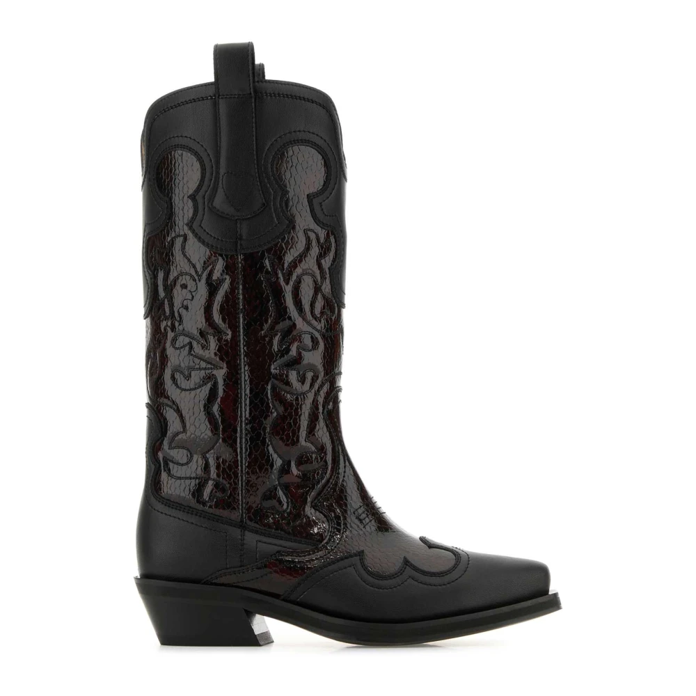 Ganni Women's Black Mid Shaft Embroidered Western Boots