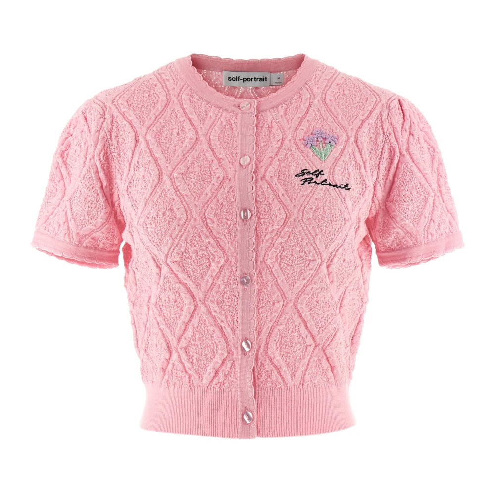 Self Portrait Women's Pink Pointelle Ribbed Knit Cardigan