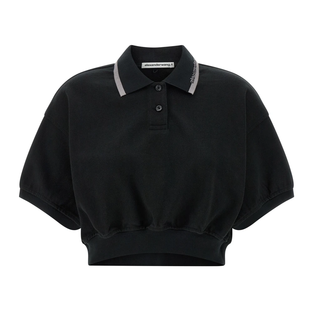 T By Alexander Wang Women's Black Polo Shirts, S, Cropped Cinched Cotton Polo