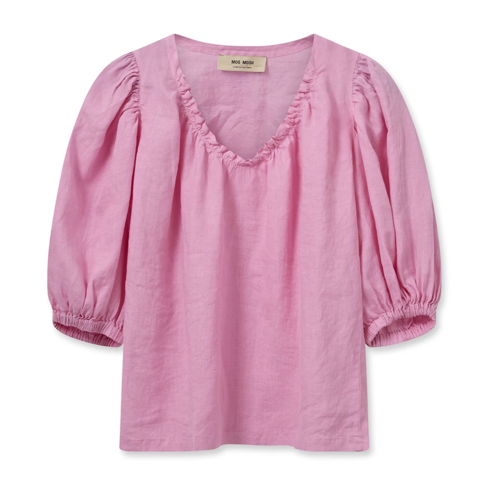 MOS MOSH Vrouwelijke linnen blouse met pofmouwen Pink Dames