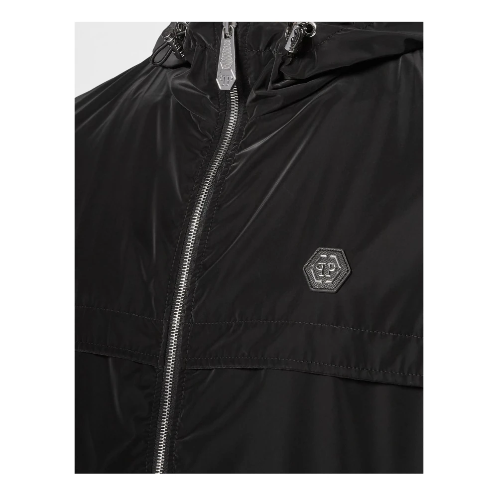 Philipp Plein Zwarte Windbreaker Jas Logo Rits Zakken Black Heren