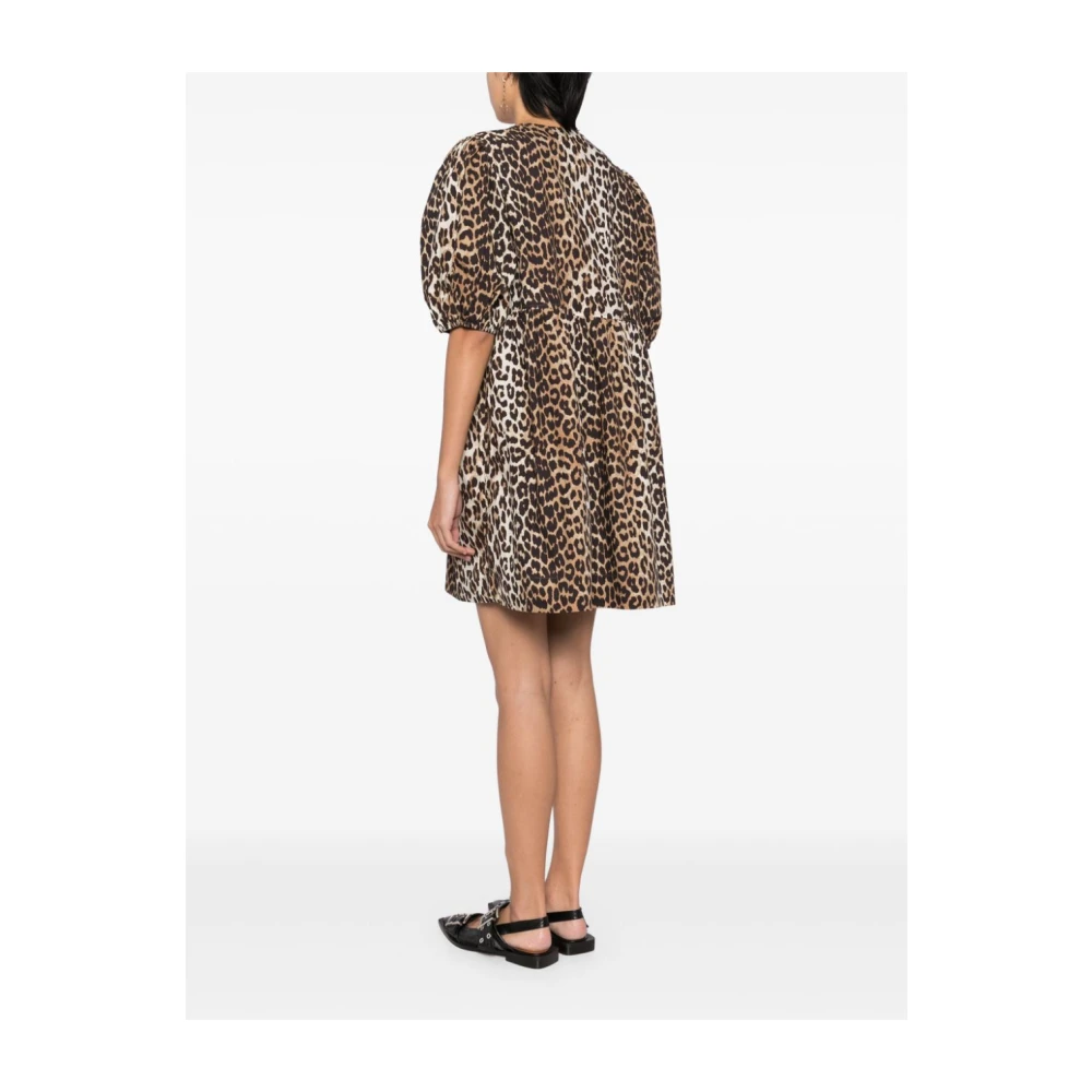 Ganni Luipaardprint Jurk met Pofmouwen Brown Dames