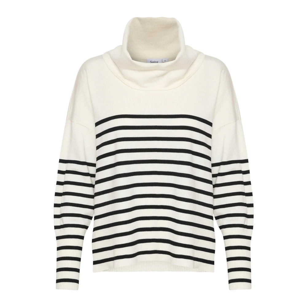 Saint Tropez Gestreepte Cowlneck Pullover Trui Ice Beige Dames