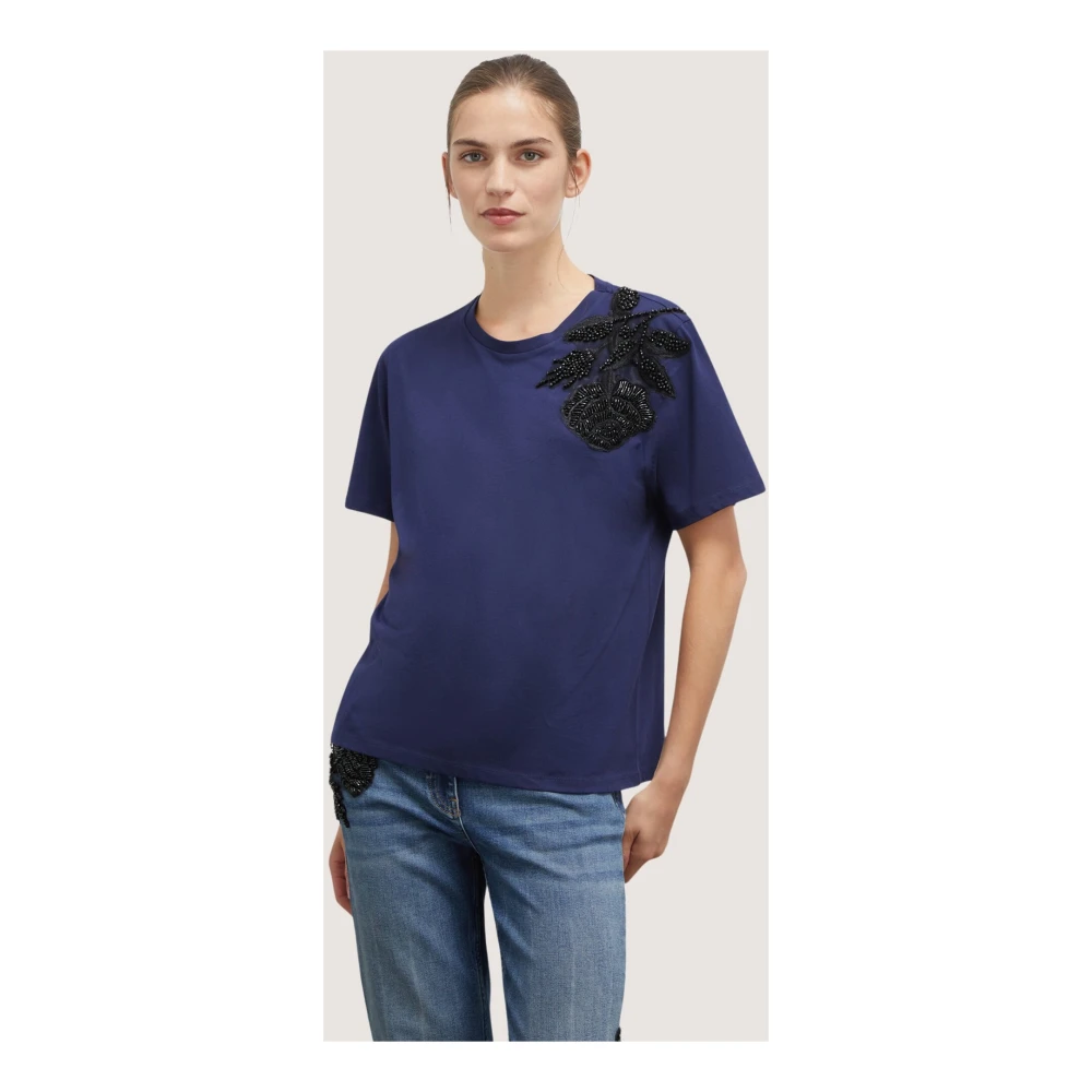 Motivi Geborduurd katoenen T-shirt Blue Dames