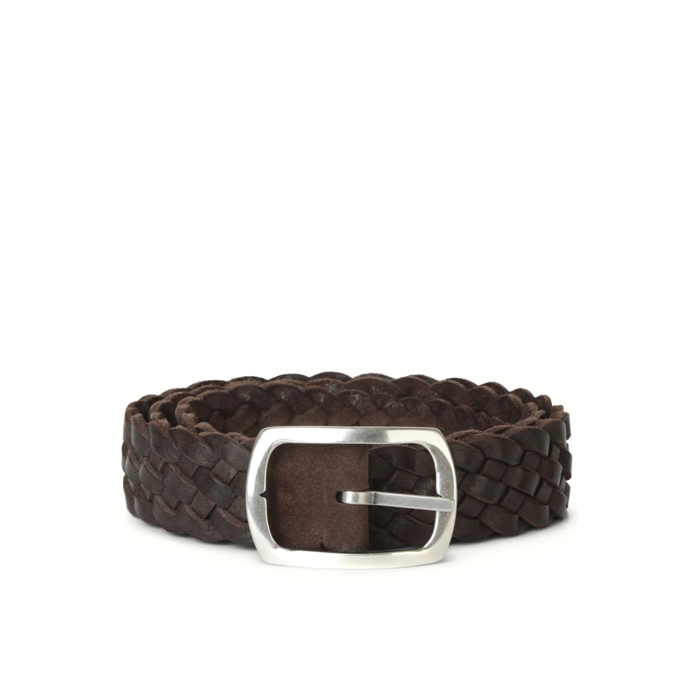 Orciani Men's Brown Belts, Male,, Woven Leather Belt Silver Buckle Medium Adult