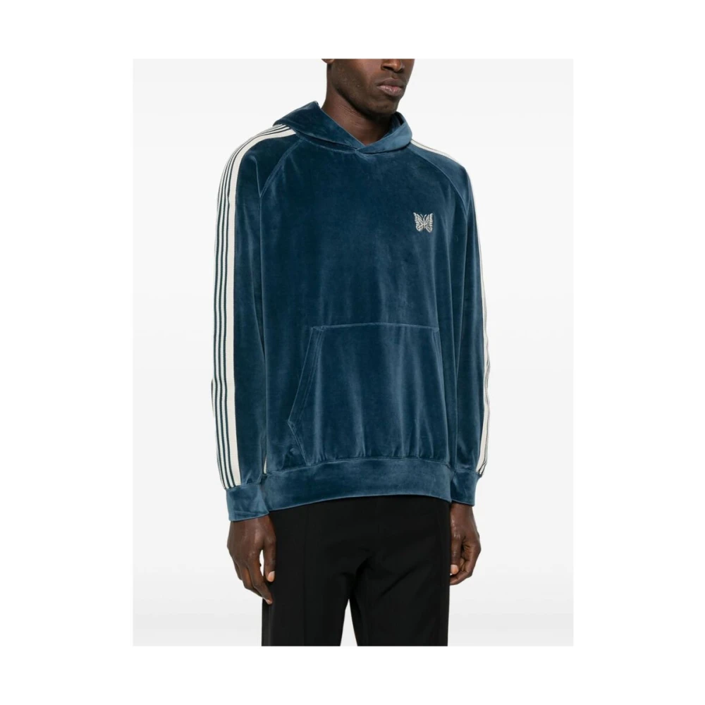 Needles Blauwe Fluweel Geborduurd Logo Hoodie Blue Heren