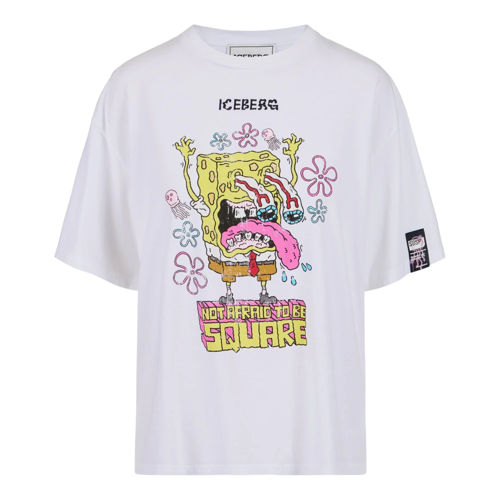 Iceberg Wit katoenen T-shirt met mix van prints en Spongebob patches White Dames
