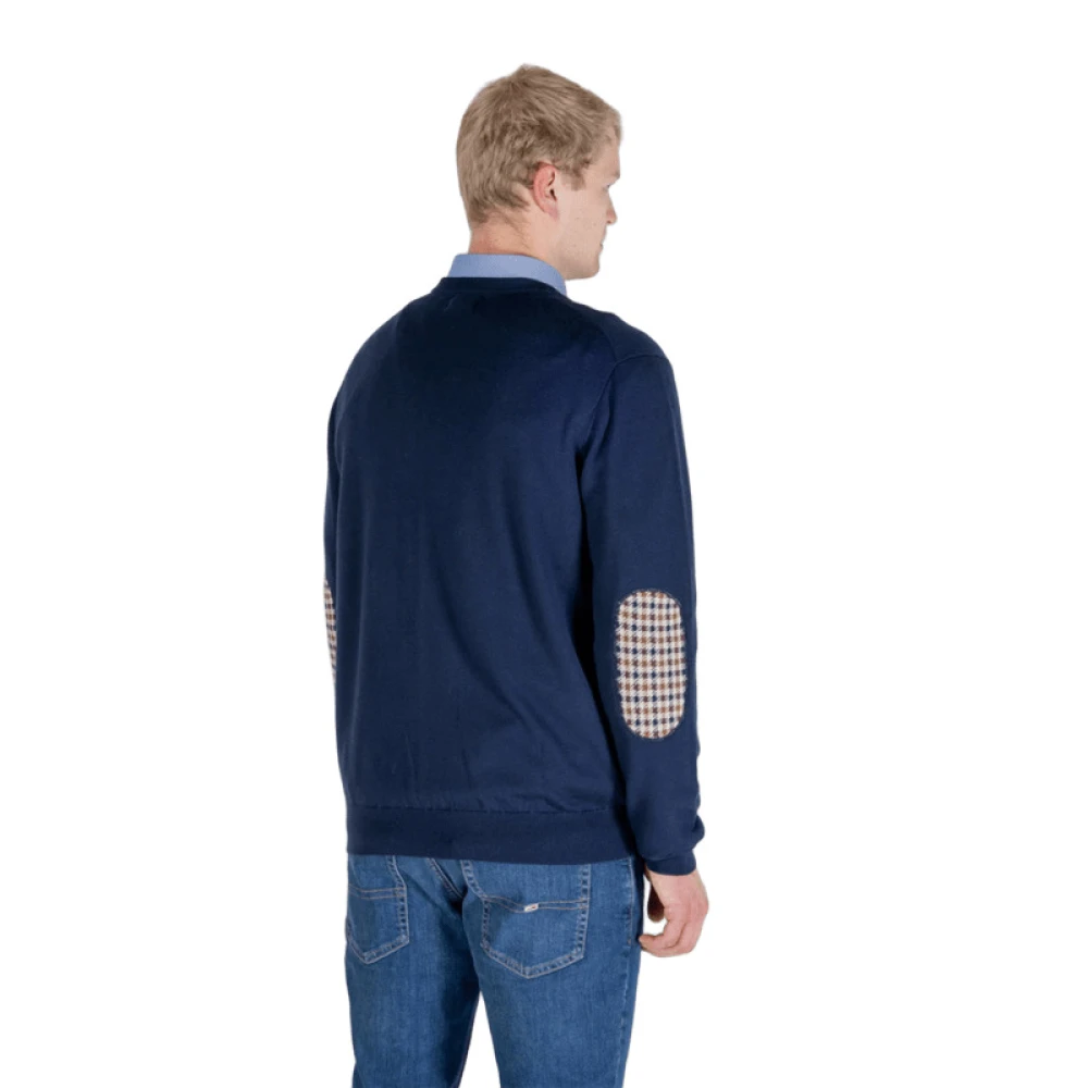 Aquascutum Merino Club Check Elleboog Patch Sweater Blue Heren