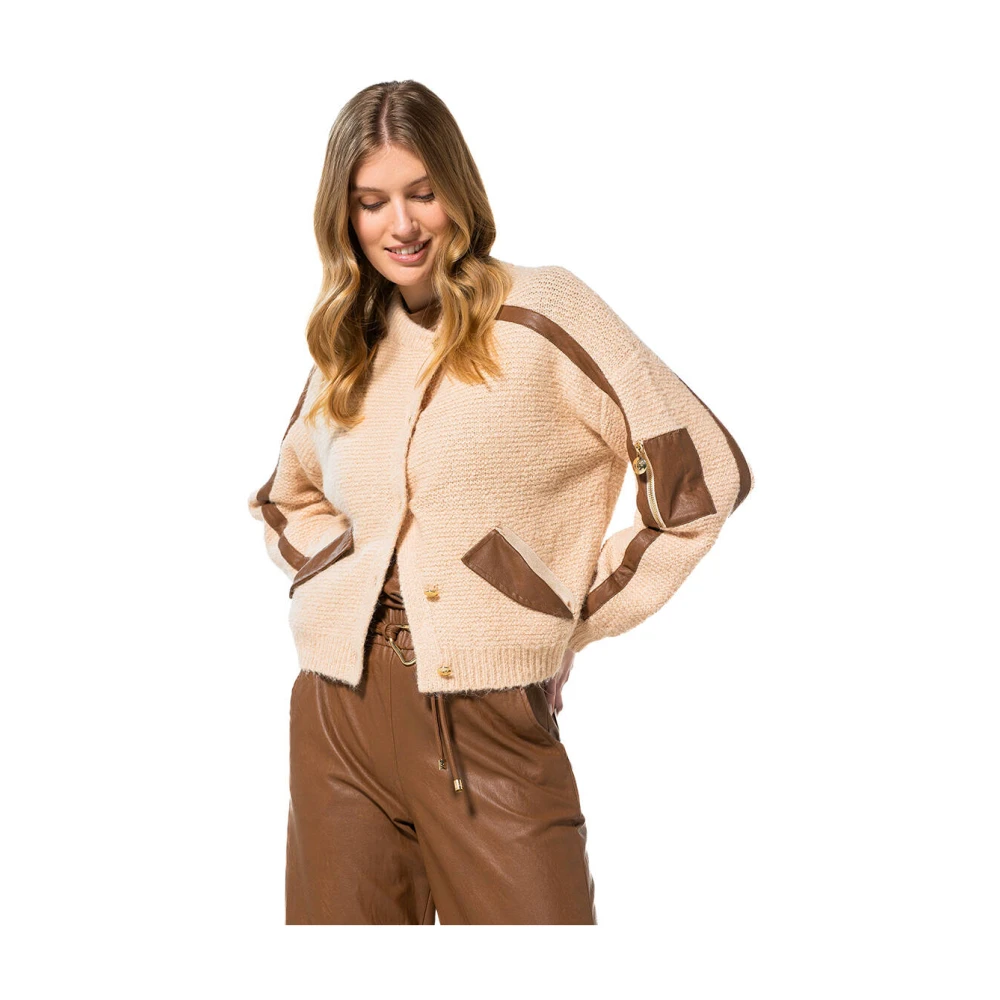 Caroline Biss Asymmetrische Cardigan met Ecoleder Detail Brown Dames