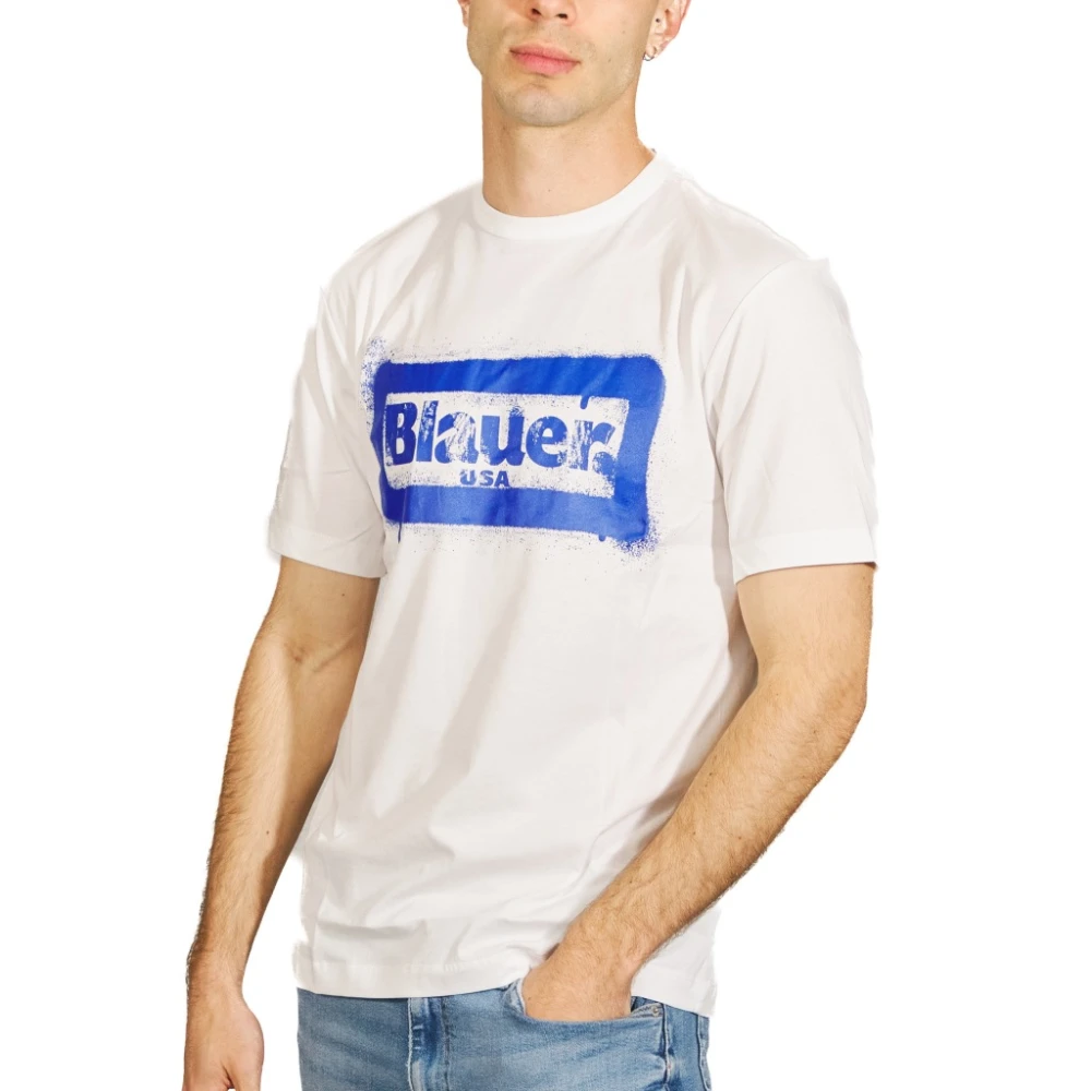 Blauer Wit T-shirt met Blauwe Print White Heren