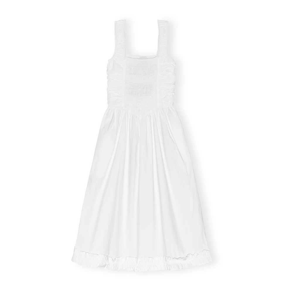 Ganni Vierkante Hals Poplin Midi Jurk White Dames