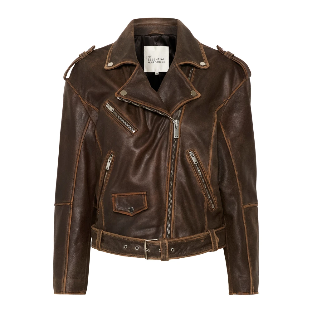 My Essential Wardrobe Bruin Retro Wash Leren Bikerjas Brown Dames