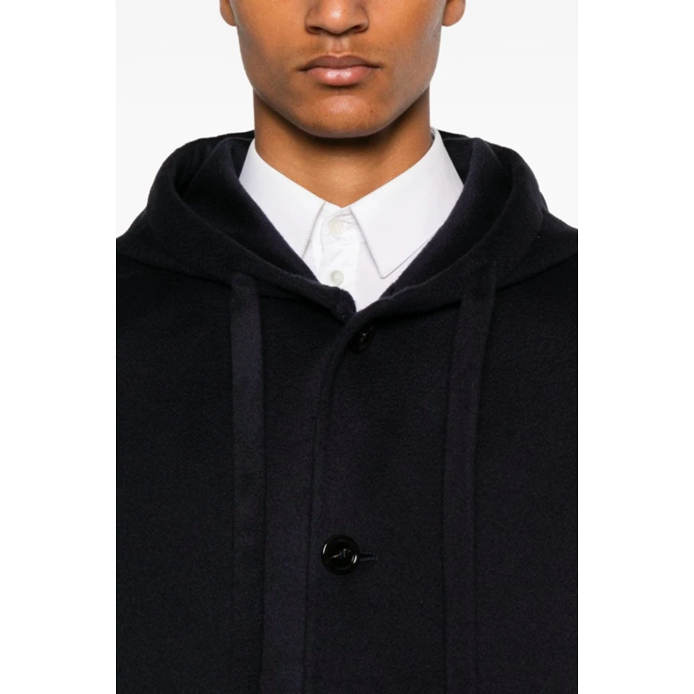 Lardini Blauwe Wol Trekkoord Hood Jas Blue Heren