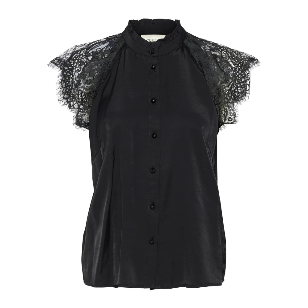 Cream Zwarte Kantenshirt met Knopen Black Dames