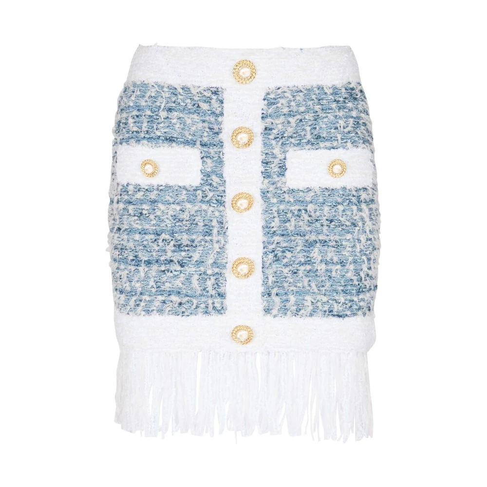 Balmain Women's Powder Blue Tweed Skirt With Fringe Detailing