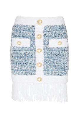 Powder Blue Tweedkjol med Fransdetaljer