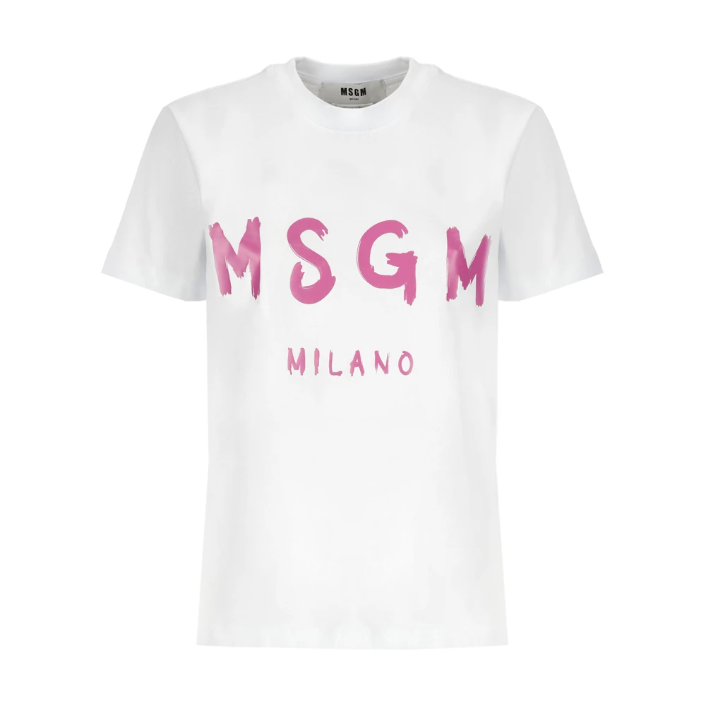 Msgm Logo Print Crew Neck T-shirts en Polos White Dames