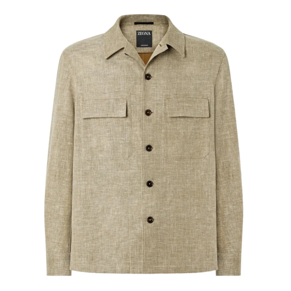 Zegna Men's Beige Casual Shirts, M, Crossover Linen Wool And Silk Blend Overshirt