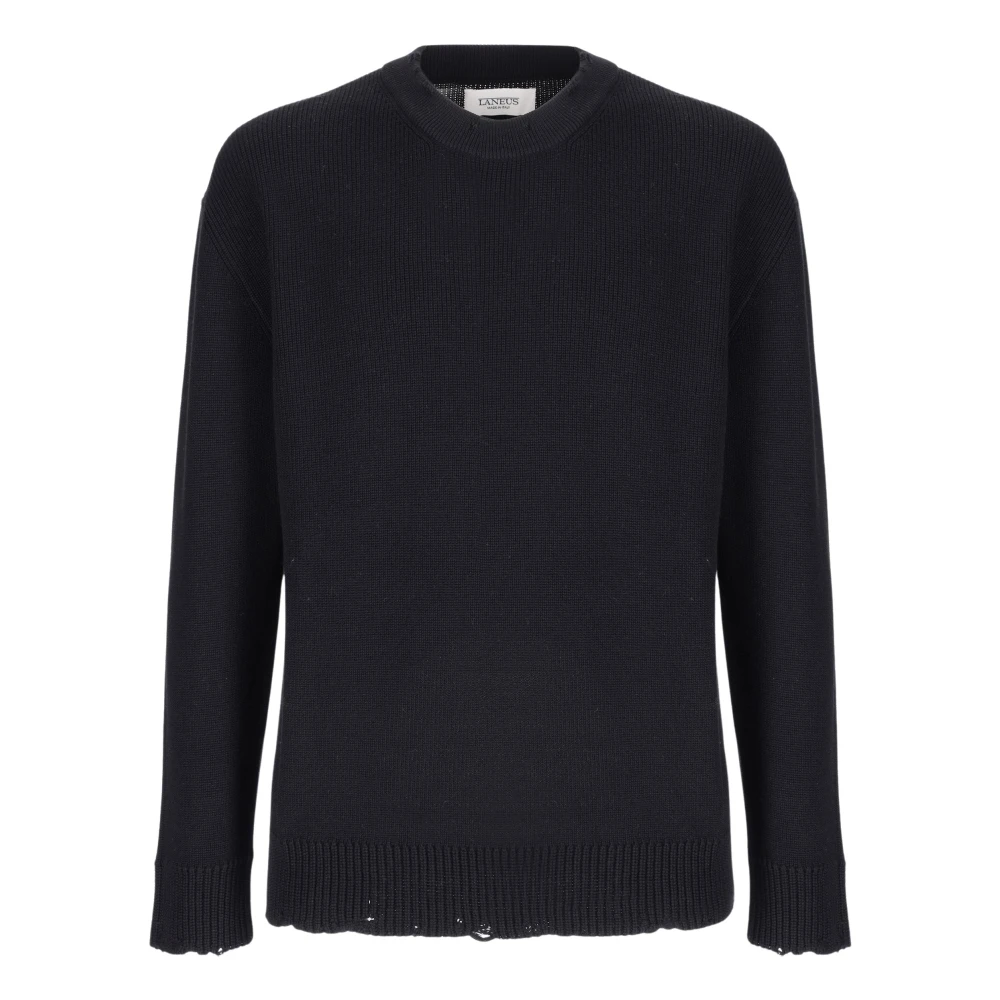 Laneus Men's Black Round-Neck Knitwear, M, Ribbed Crew Neck Jumper