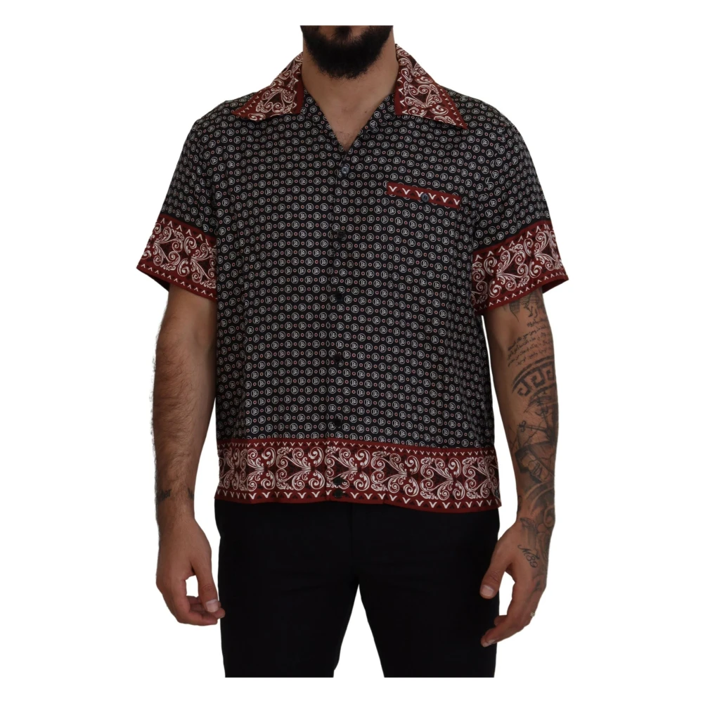Dolce & Gabbana Men's Black Short Sleeve Shirts,, Multicolor Patterned Silk Casual Shirt Extra Small