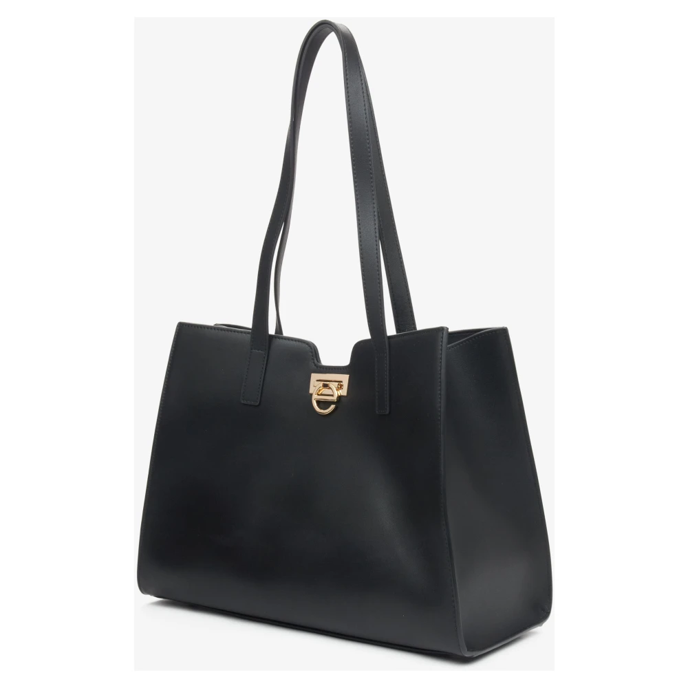 Estro Dames Zwarte Leren Shopper Tas met Gouden Hardware Er00115797 Black Dames