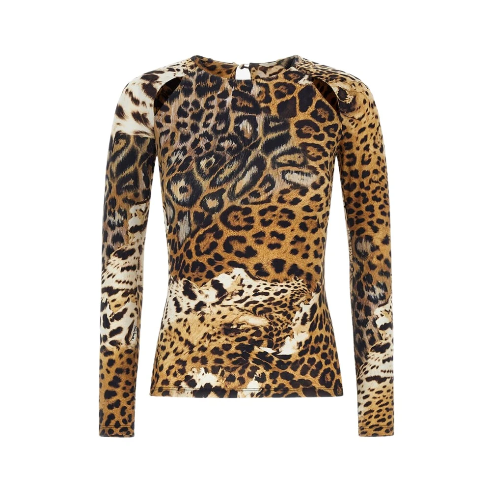 Roberto Cavalli , Long Sleeve T-Shirts, Female, Multicolor, Xl, Jaguar Skin Print Long-Sleeved T-Shirt