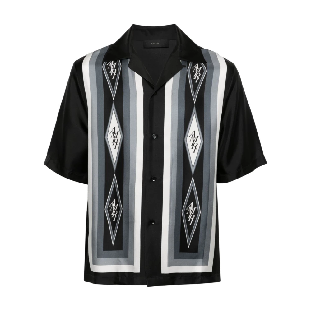 Amiri Zwarte zijden twill bowlingoverhemd met geometrische logoprints Multicolor Heren