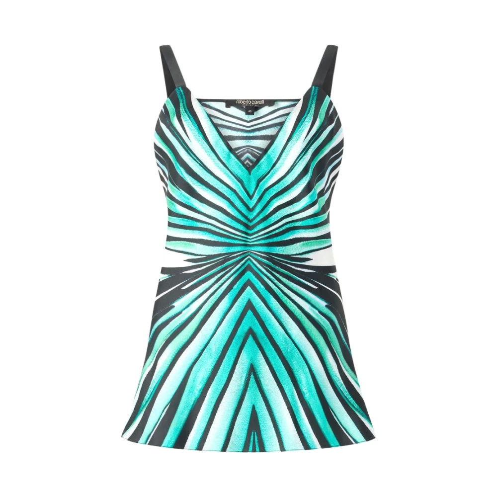 Roberto Cavalli Women's Blue Sleeveless Tops, Xs, Sea Print Silk Top