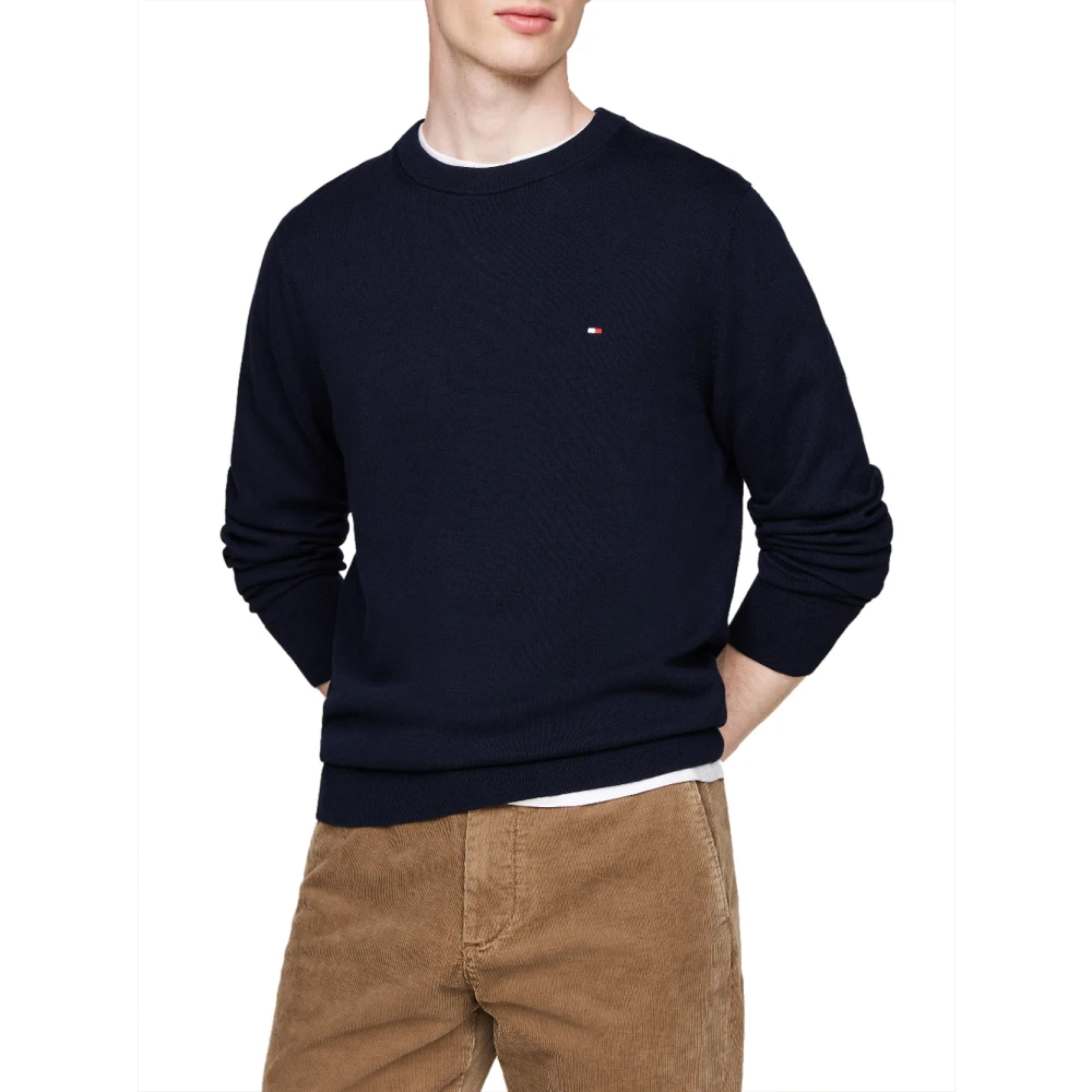 Tommy Hilfiger Men's Blue Round-Neck Knitwear, S, Cotton Cashmere Wool Jumper