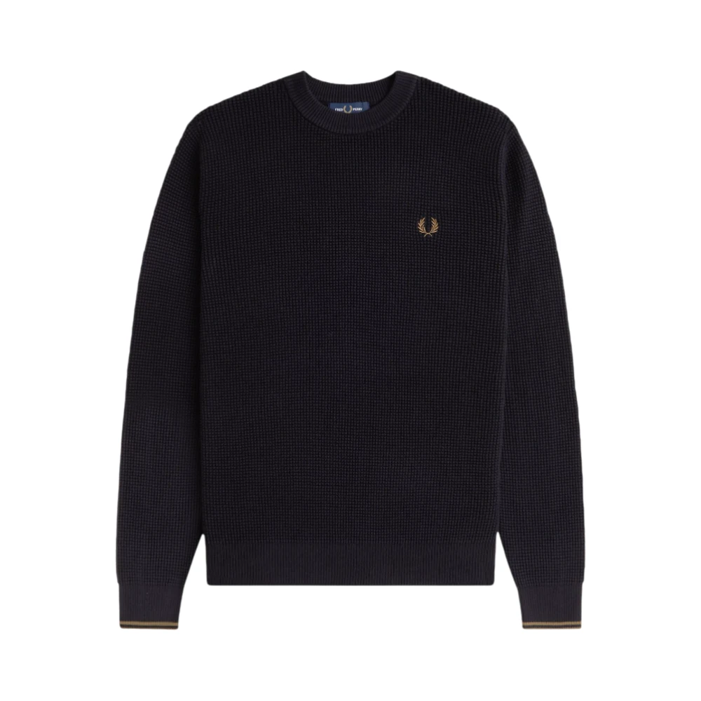 Fred Perry Men's Black Round-Neck Knitwear, S, Embossed Texture Crew Neck Jumper