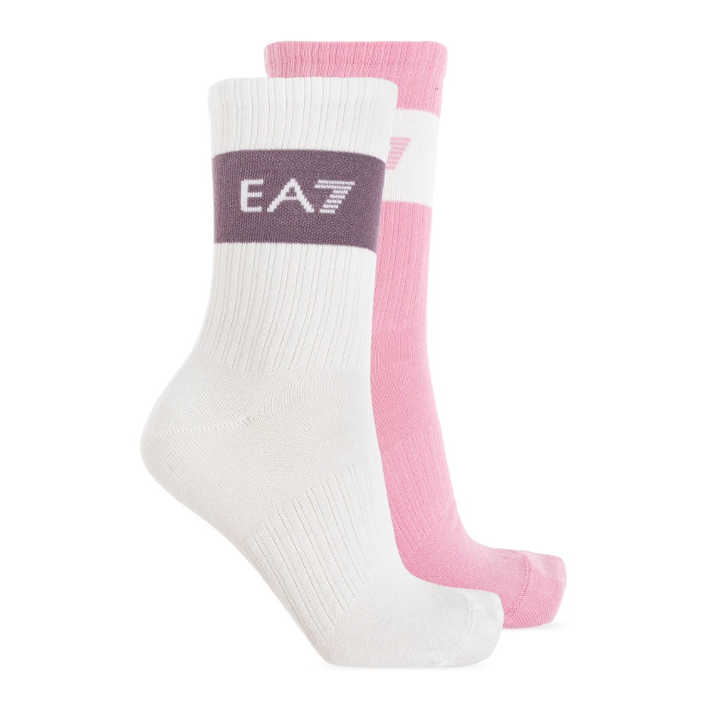 Emporio Armani Ea7 Vrouw Wit Ondergoed Dames, L, Katoen, Twee Paar Logo Sokken