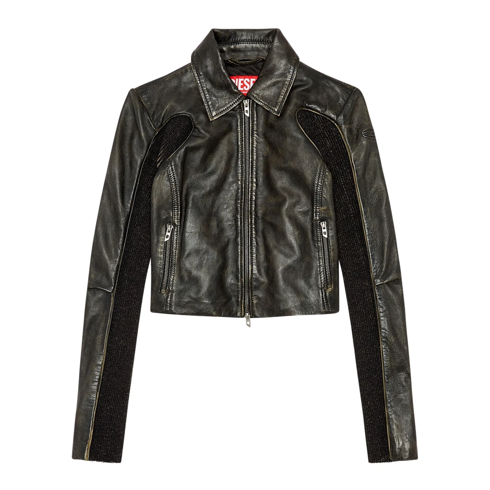 Diesel Cropped leather jacket with knit panels Black Dames