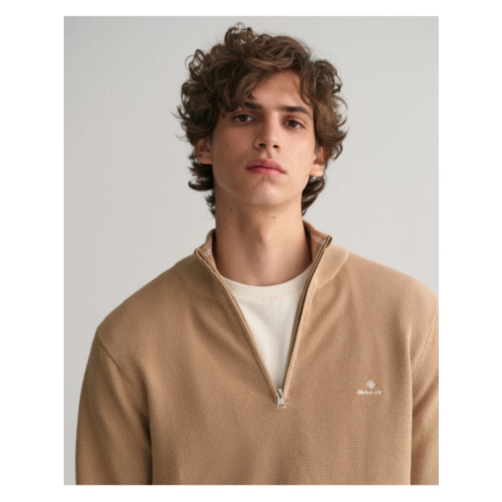 Gant Klassieke Katoenen Piqué Half-Zip Trui Beige Heren