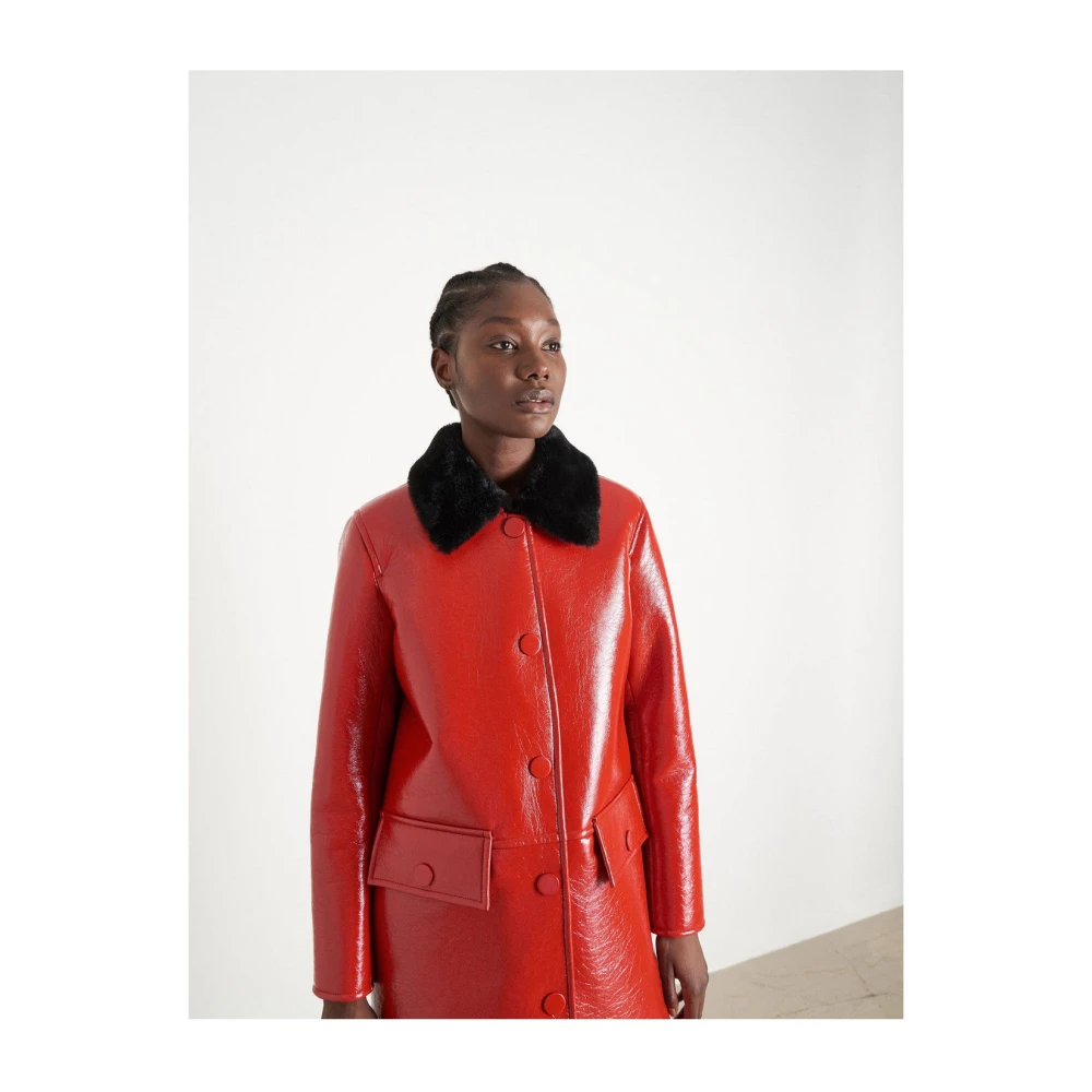 Stand Studio Glanzende Rode Patentjas met Nepbont Kraag Red Dames