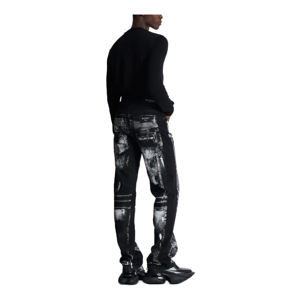 Balmain Wijde denim jeans met een biker-print Black Heren