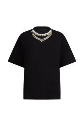 Svart Pärlkrage Strass T-shirt