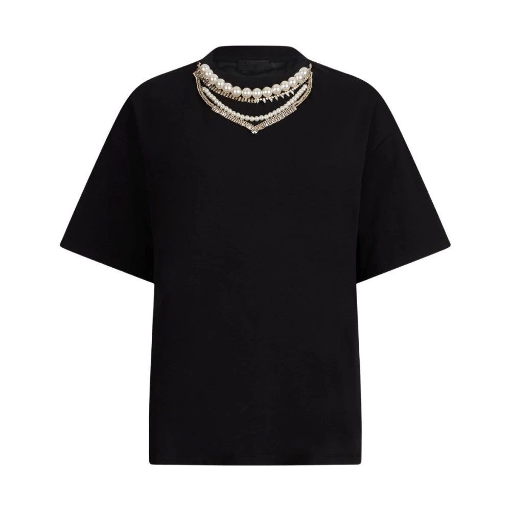 Zwarte Kralen Kraag Strass T-shirt