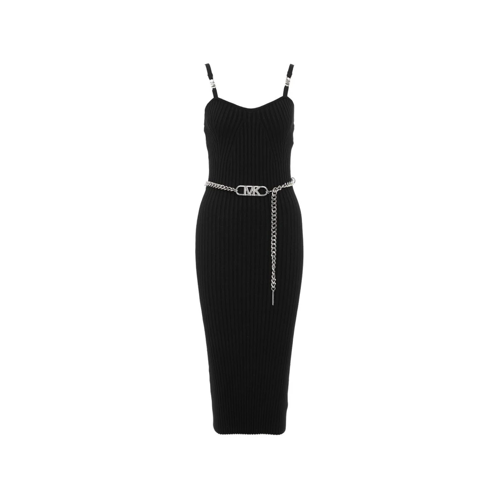 Michael Kors Women's Black Ribbed Stretch Viscose Belted Bustier Dress