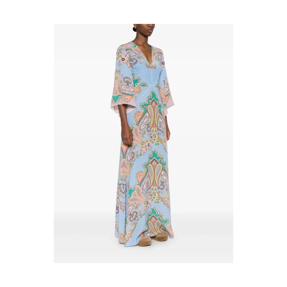 ETRO Blauwe V-hals Lange Mouw Jurk Blue Dames