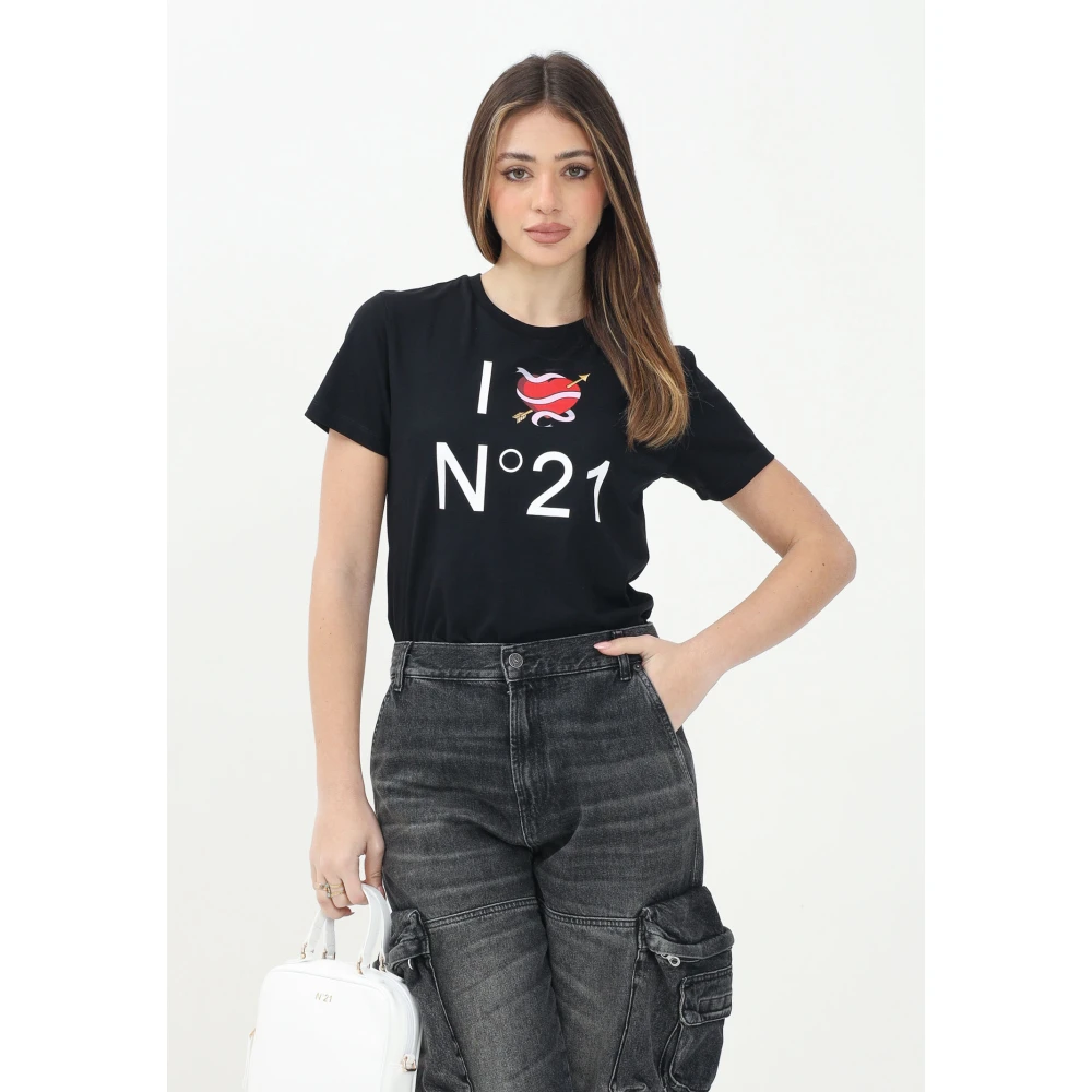 N21 Zwarte Grafische Liefde T-shirt Black Dames