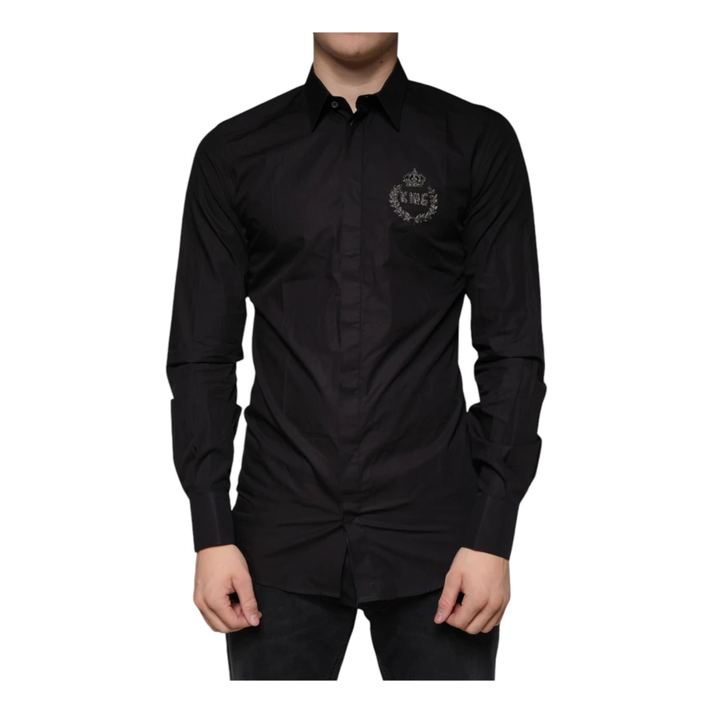 Dolce & Gabbana Men's Black Crown Logo Embroidered Dress Shirt Medium
