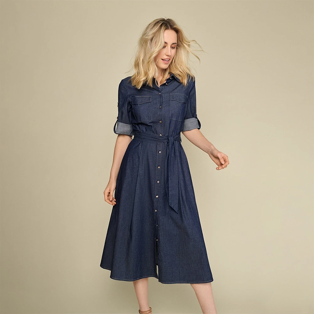 Marie Méro Sportieve Denim Jurk met Driekwart Mouwen Blue Dames
