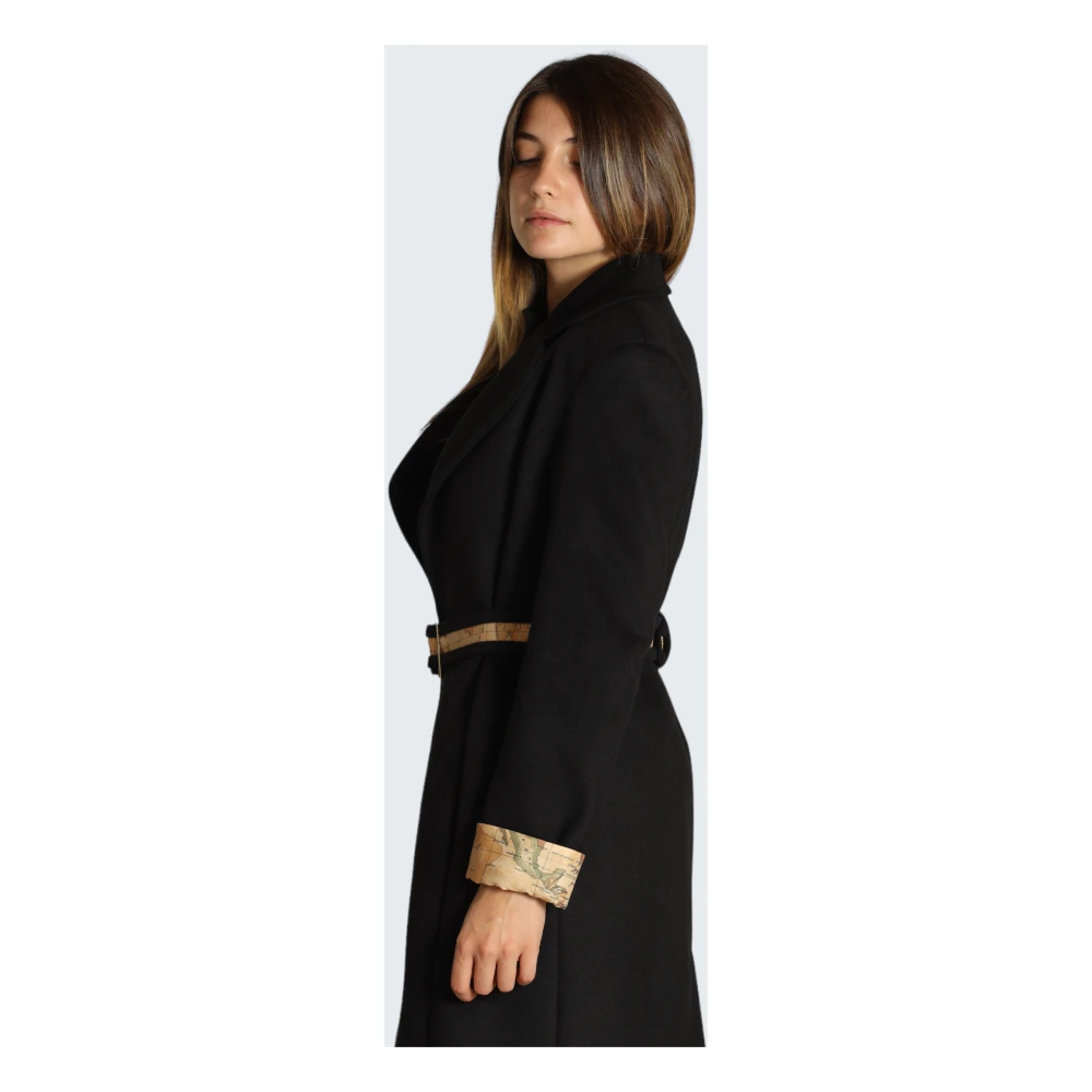 Alviero Martini 1a Classe Zwarte Velours Lange Jas met Geo Classic Riem Black Dames